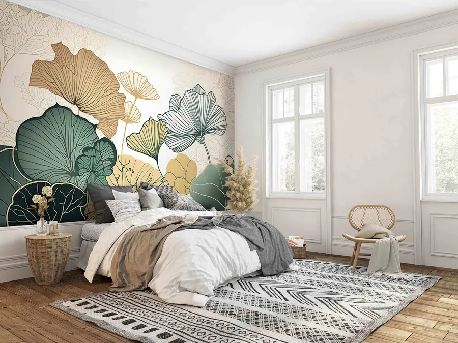 Carta Da Parati Fiori Grandi Piante In Stile Bohémien Nei Colori Verdi