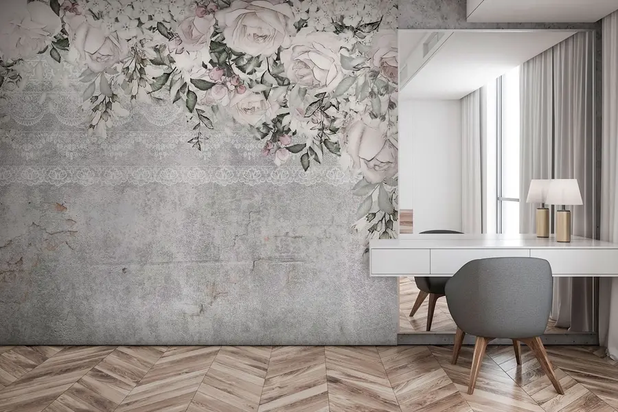 Carta da parati Floreale Fiori vintage bianchi e sfondo concreto n. u94652