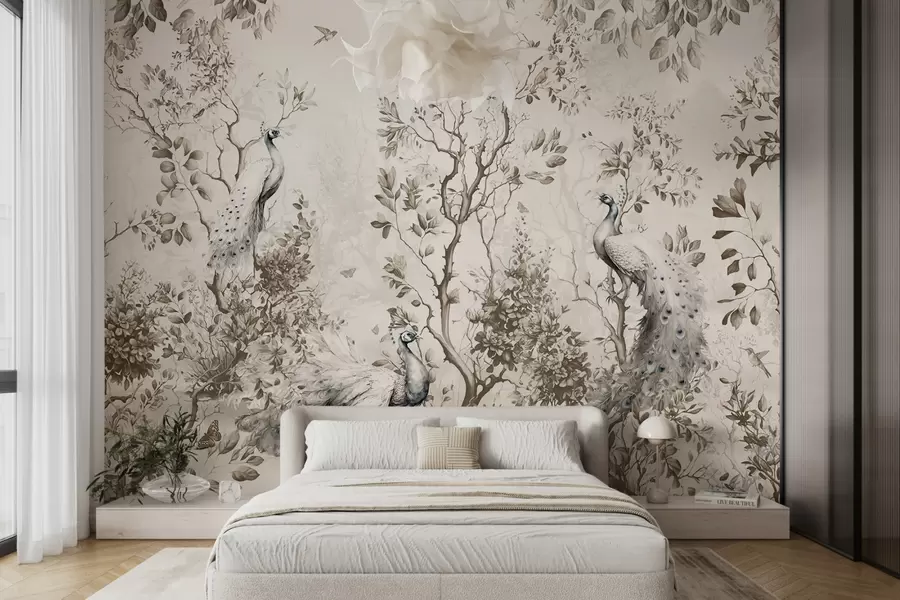 carta da parati Un giardino con uccelli fragili, pavoni nr. u94850