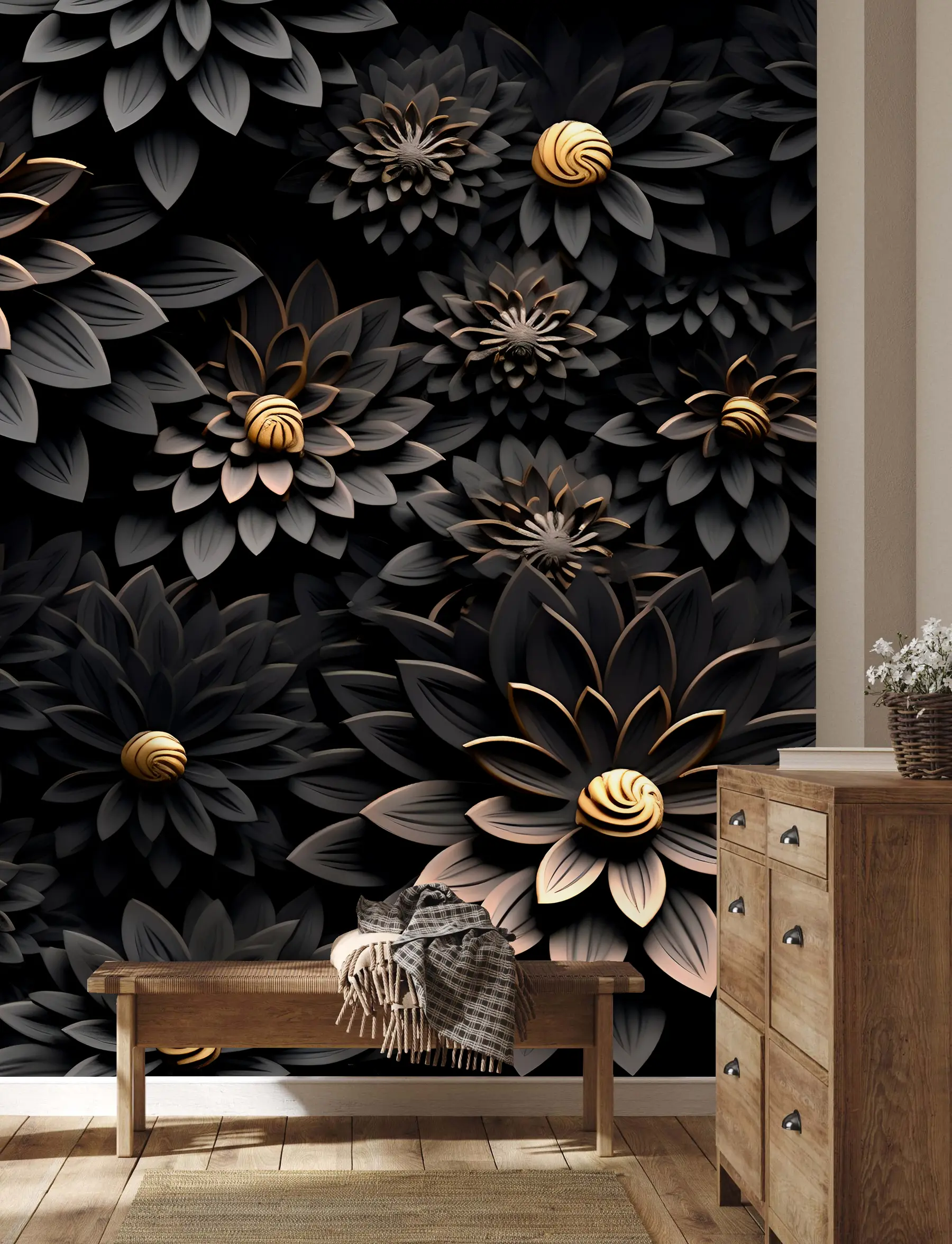Carta da parati 3D Fiori Fiori neri con effetto 3D n. u95249