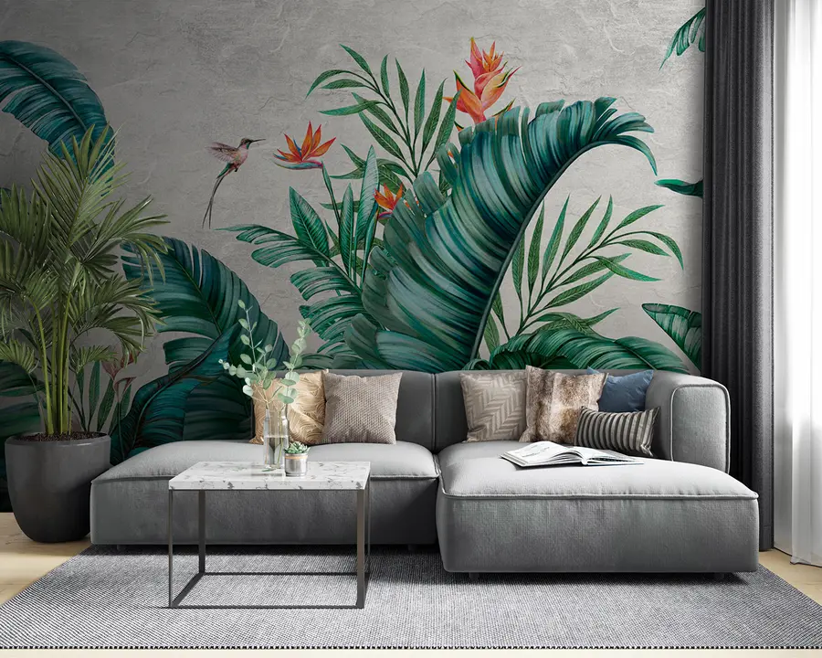 Carta da parati nature Piante e uccelli esotici, giungla e natura selvaggia 