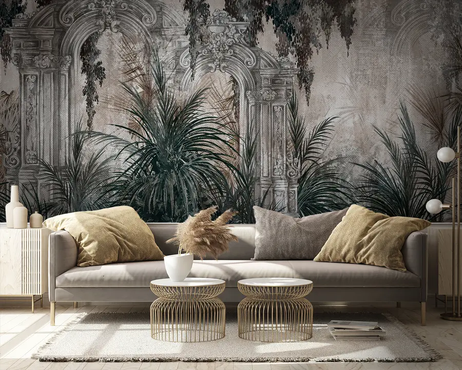 Carta da parati nature Architettura antica con foglie tropicali 