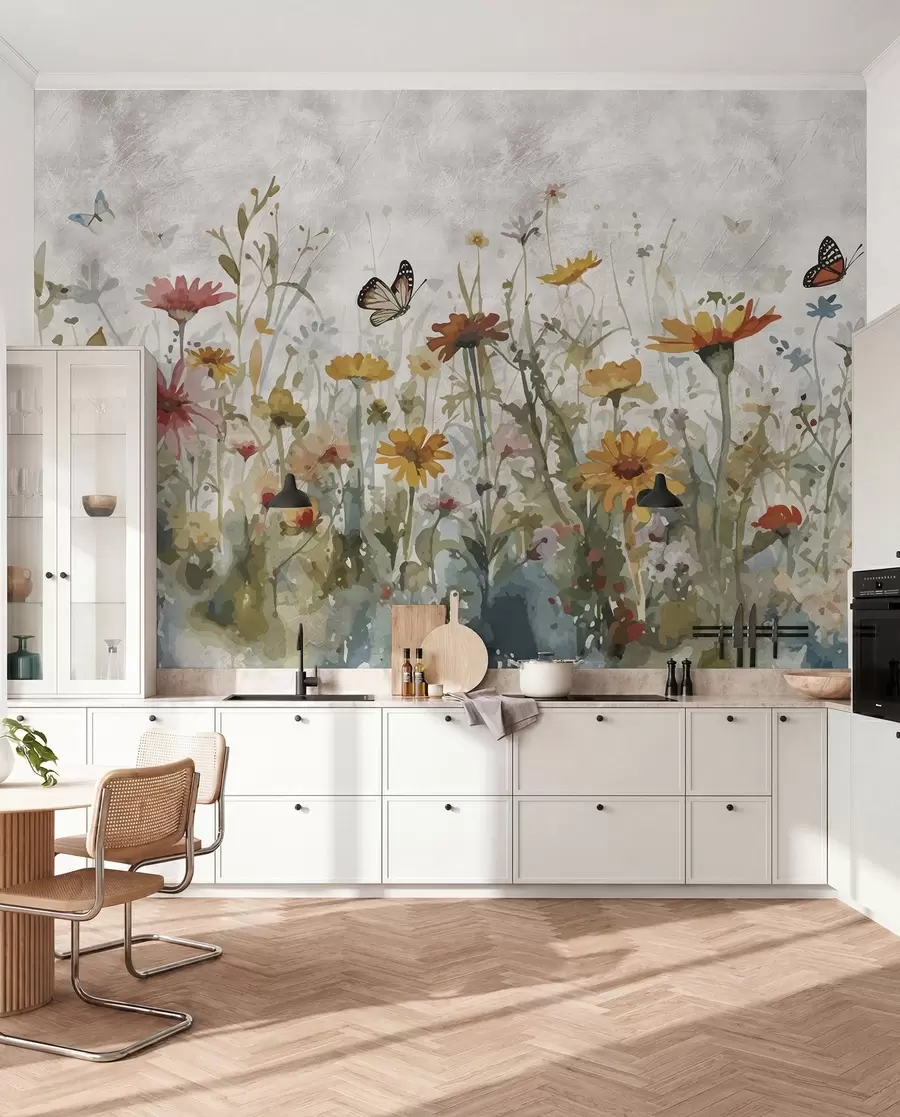 Carta da parati nature Fiori e farfalle dell'acquerello 