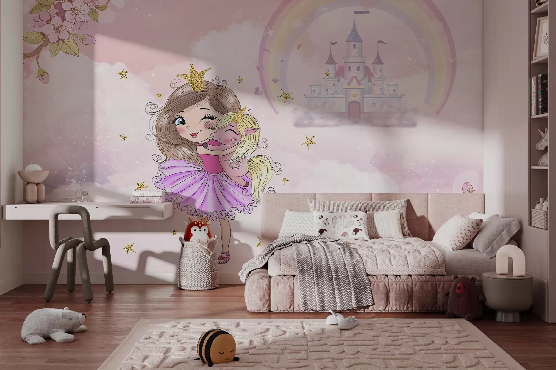 Carta da parati per Bambini Principessa e unicorno sullo sfondo del castello con un arcobaleno 