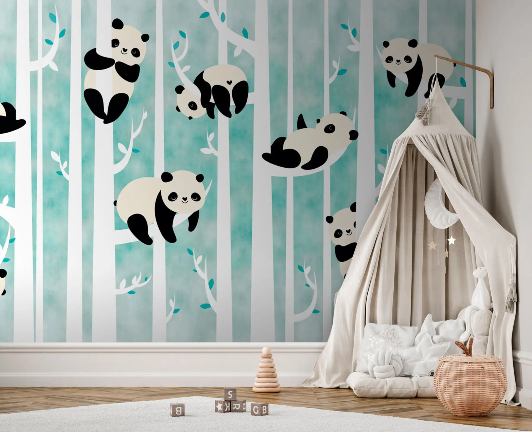 carta da parati Allegri panda fiabeschi cinesi sugli alberi per la stanza dei bambini nr. u95025