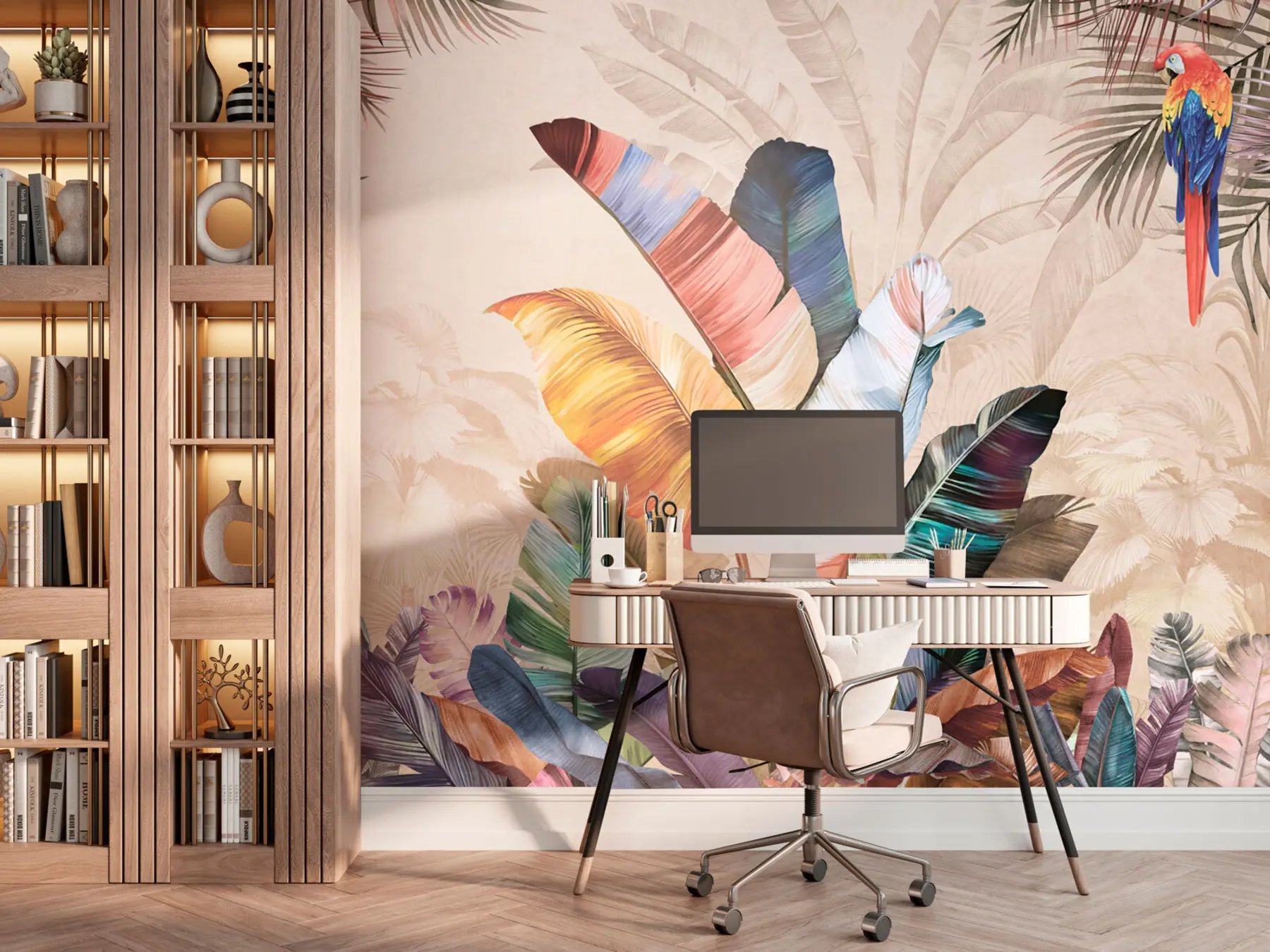 carta da parati Foglie di palma colorate con uccello pappagallo tropicale nr. u95050