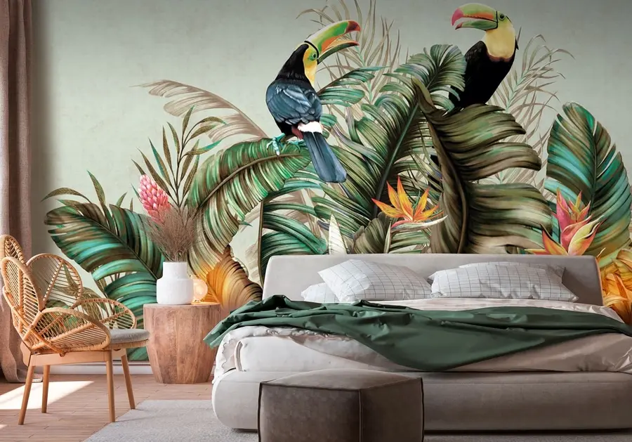 carta da parati Uccelli esotici pappagallo e tucano tra banane e foglie di palma nr. u95256
