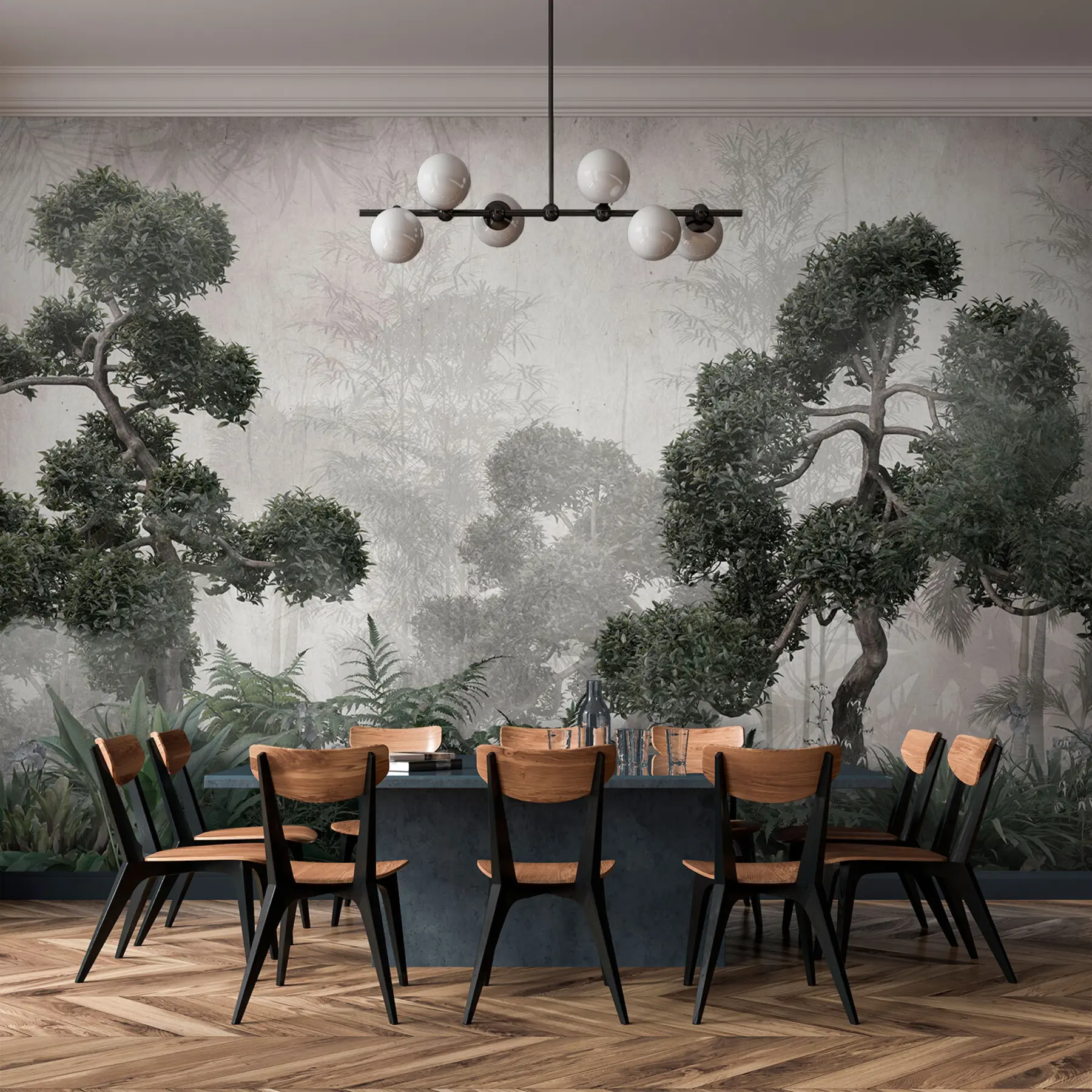 carta da parati Alberi tropicali e foglie in una foresta nebbiosa nr. u95901