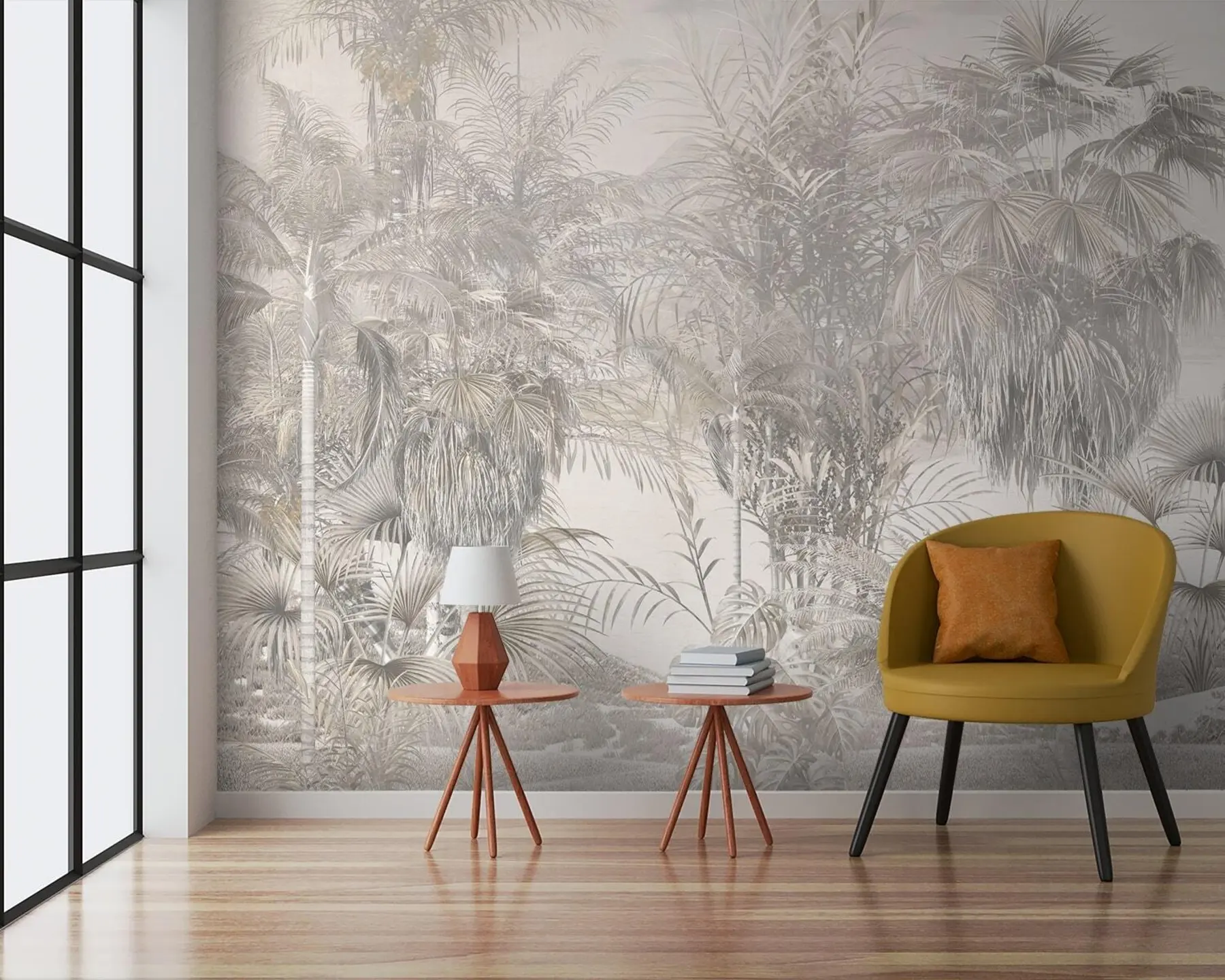 Carta da parati nature Alberi tropicali e foglie in bianco e nero 