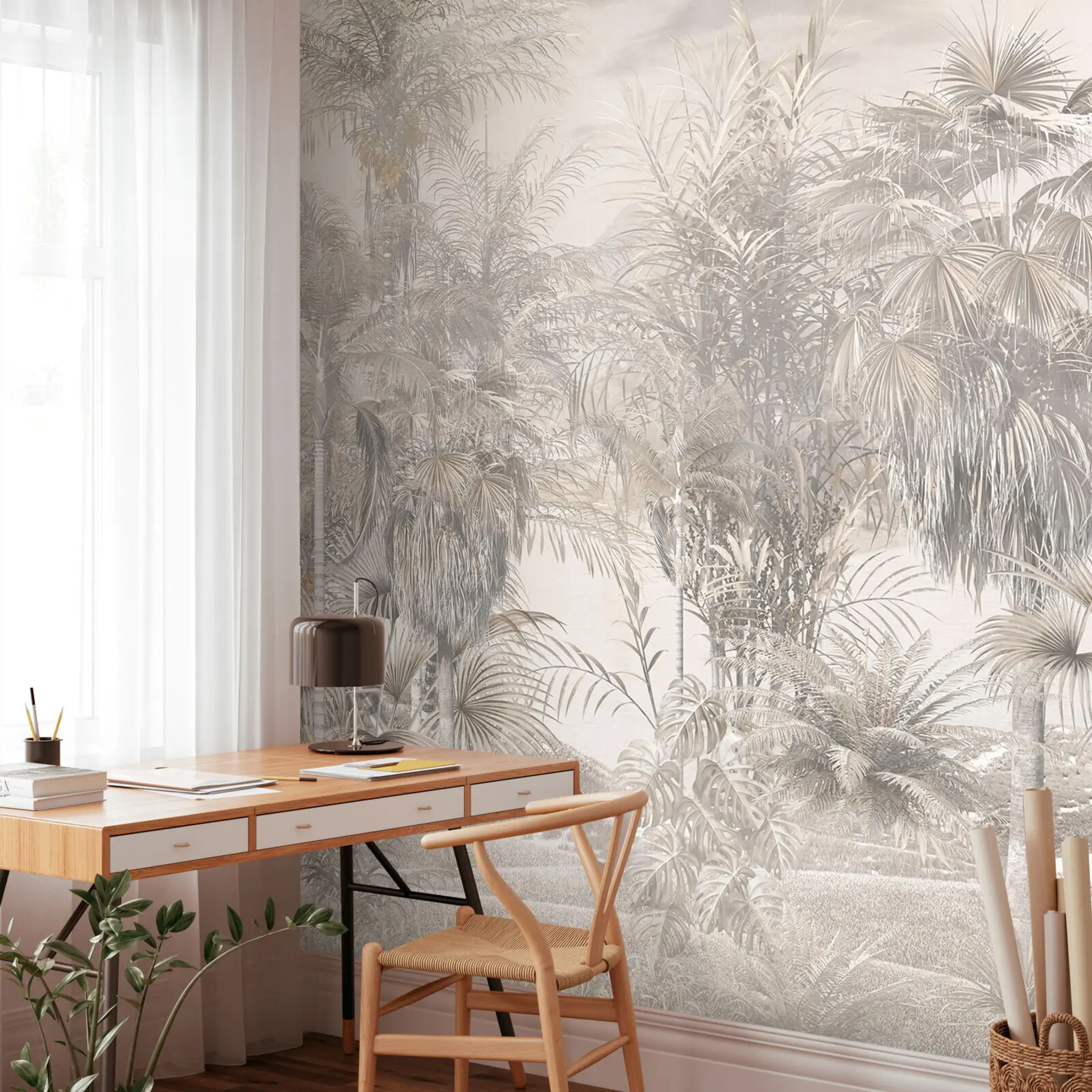 Carta da parati nature Alberi tropicali e foglie in bianco e nero 