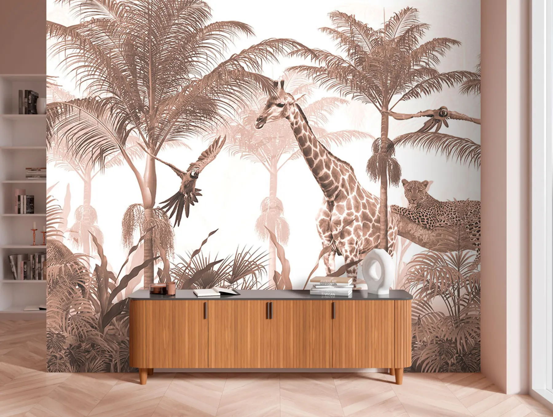 Carta da parati per Bambini Disegno di carta da parati albero tropicale con animali 