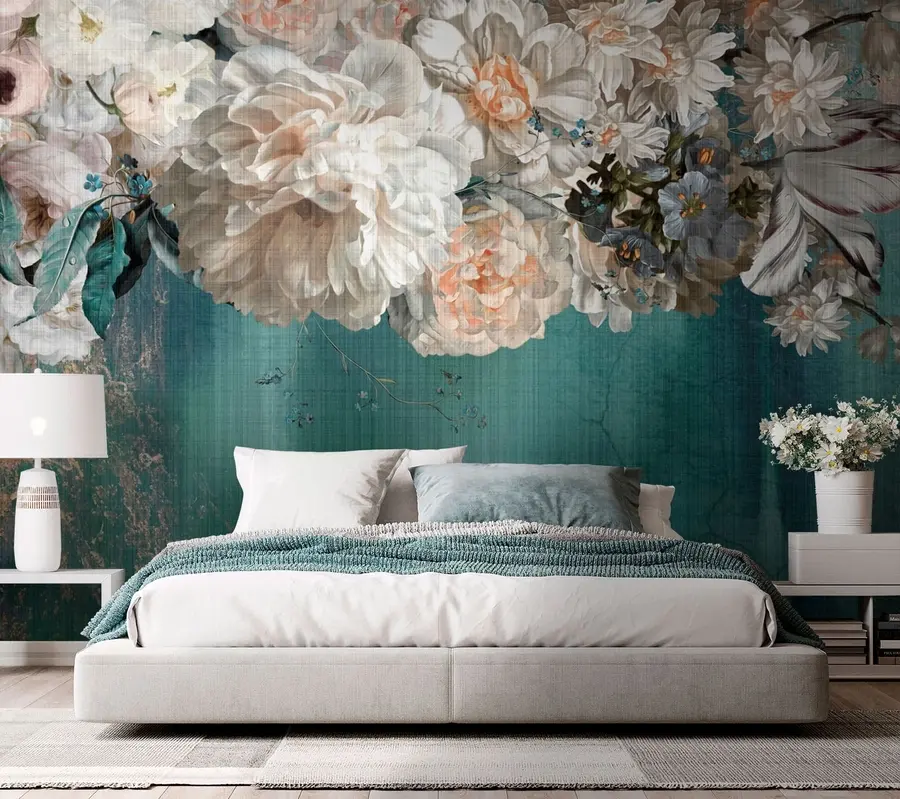 Carta da parati Floreale Grande lussureggiante bouquet di fiori con texture grunge n. u95430