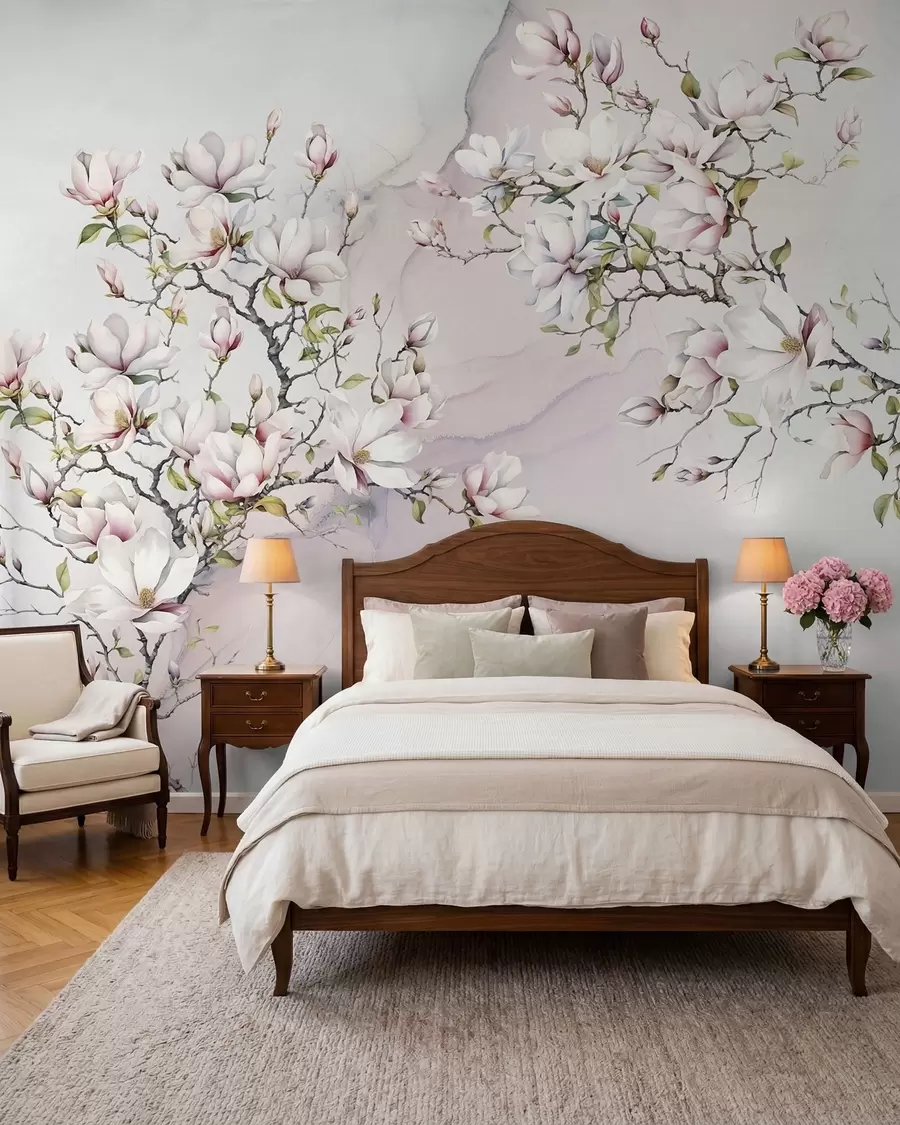 Carta da parati Floreale Alberi di magnolia in fiore su uno sfondo di marmo n. u96114