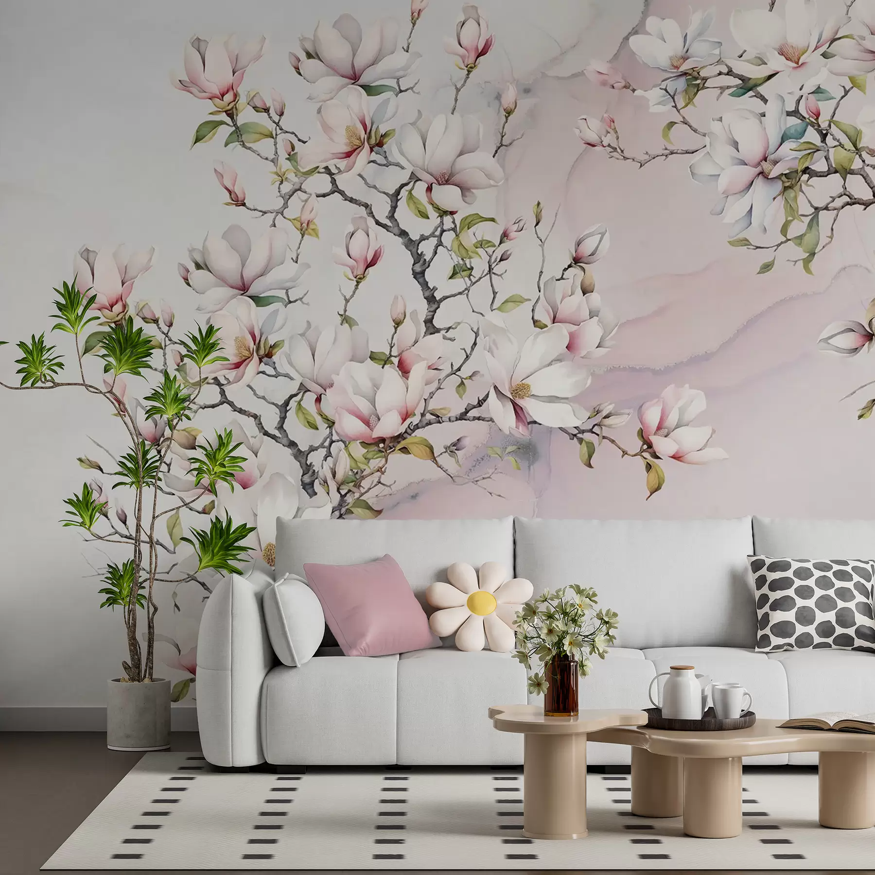 Carta da parati Floreale Alberi di magnolia in fiore su uno sfondo di marmo n. u96114