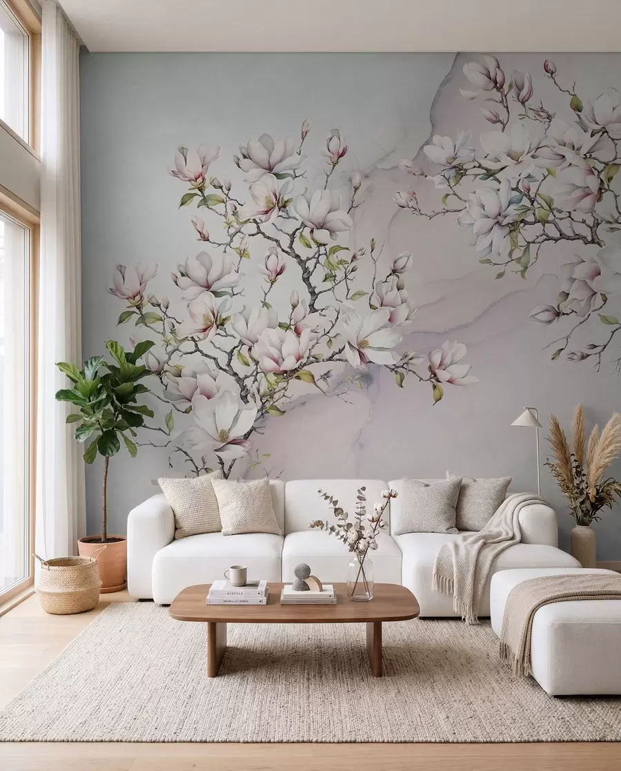 Carta da parati Floreale Alberi di magnolia in fiore su uno sfondo di marmo n. u96114