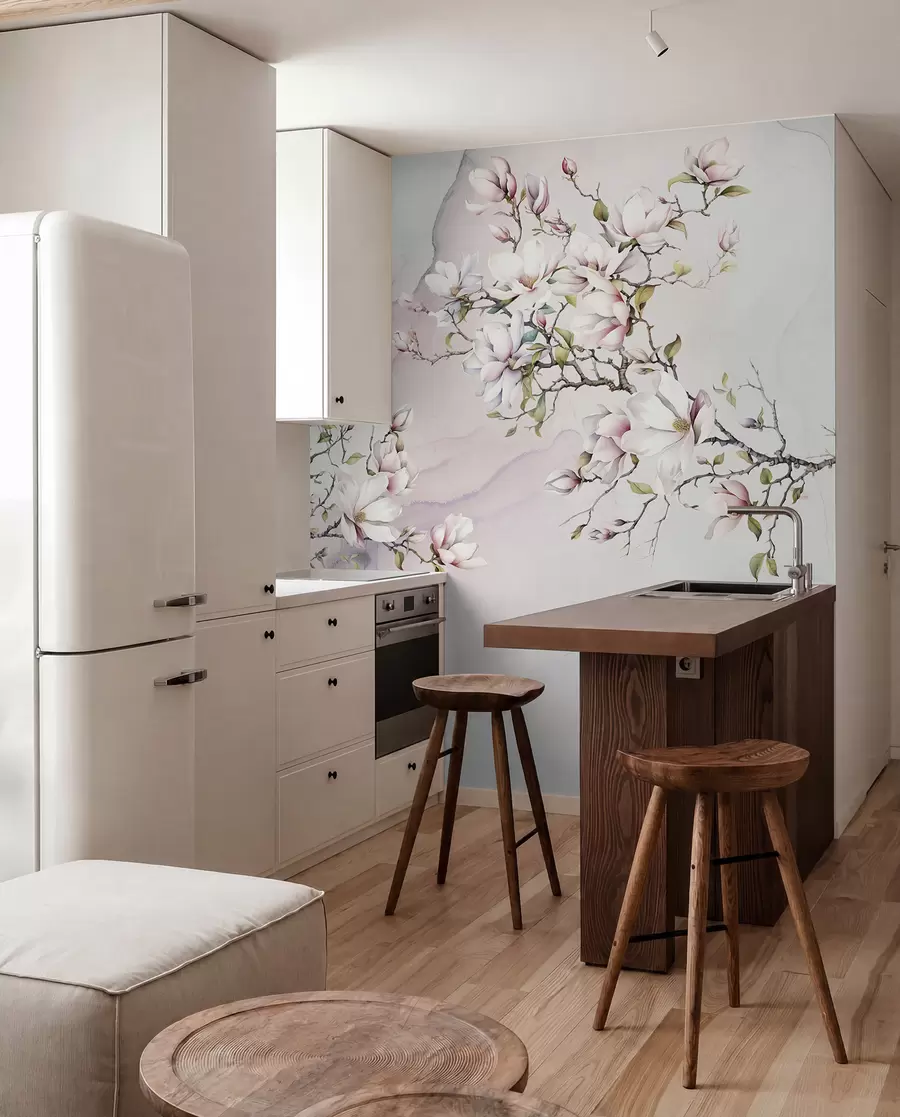 Carta da parati Floreale Alberi di magnolia in fiore su uno sfondo di marmo n. u96114