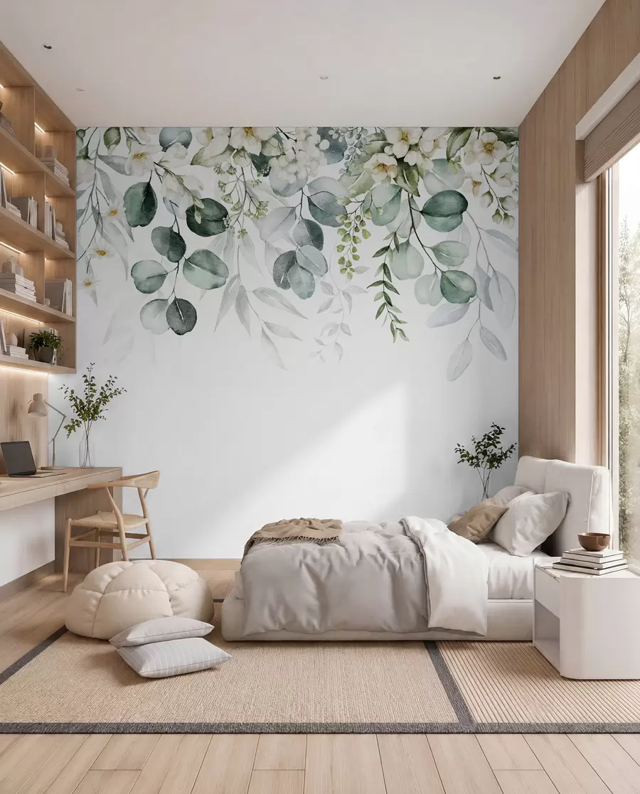 carta da parati Illustrazione con foglie verdi, fiori bianchi, peonie e rami nr. u96063