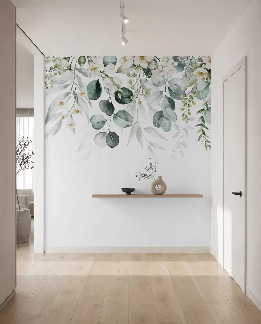 carta da parati Illustrazione con foglie verdi, fiori bianchi, peonie e rami nr. u96063
