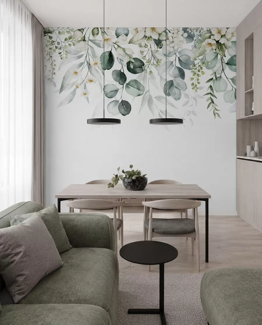 carta da parati Illustrazione con foglie verdi, fiori bianchi, peonie e rami nr. u96063
