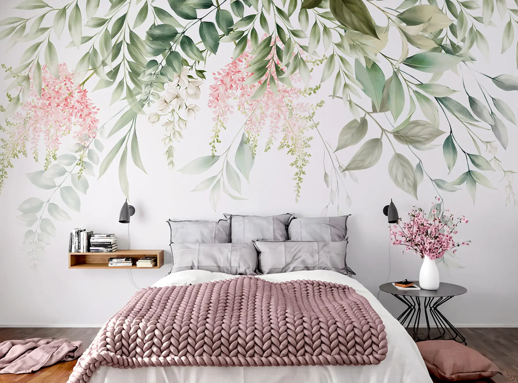 Carta da parati Floreale Fogliame con fiori rosa n. u95923