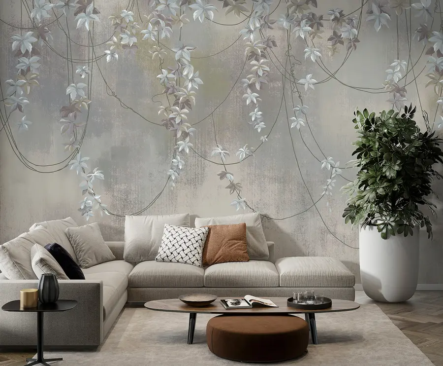 Carta da parati Floreale Rami pendenti con foglie e fiori n. u95926
