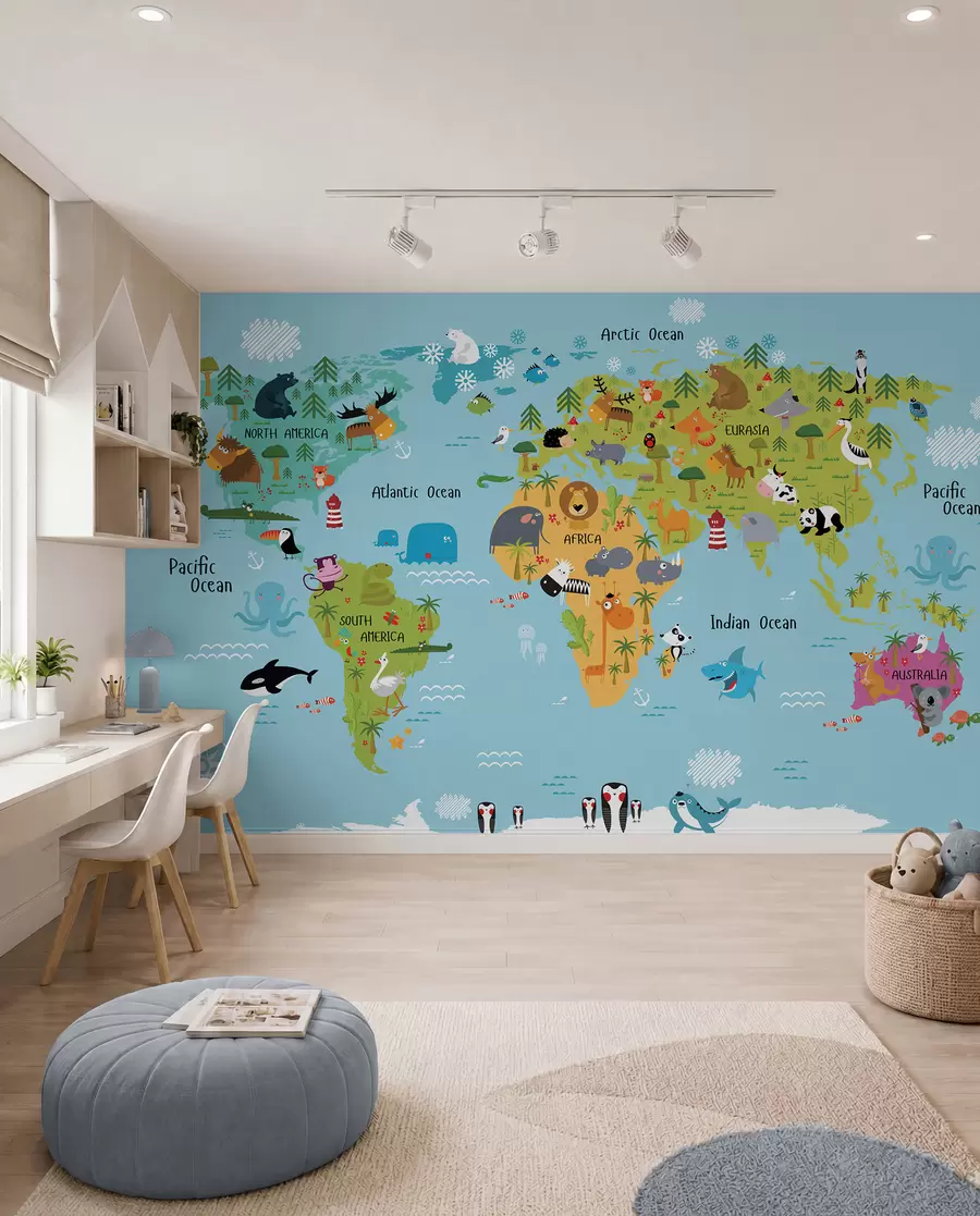 Carta da parati per Bambini Mappa, mondo e linea 