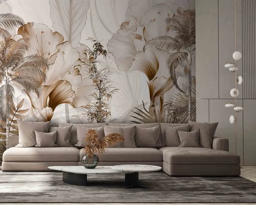 Carta da parati nature Alberi tropicali e foglie in una foresta nebbiosa 