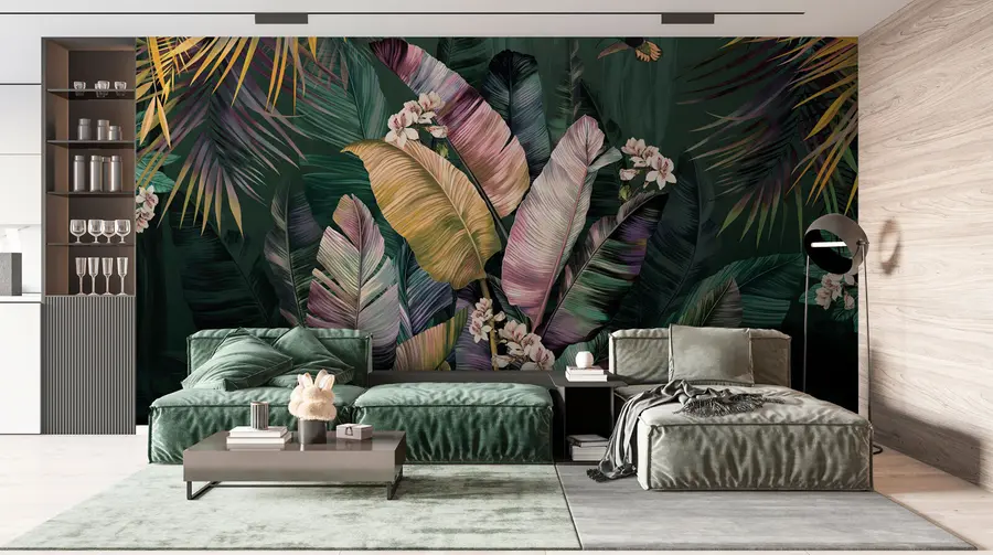 Carta da parati nature Foglie di banana e palma colorate 