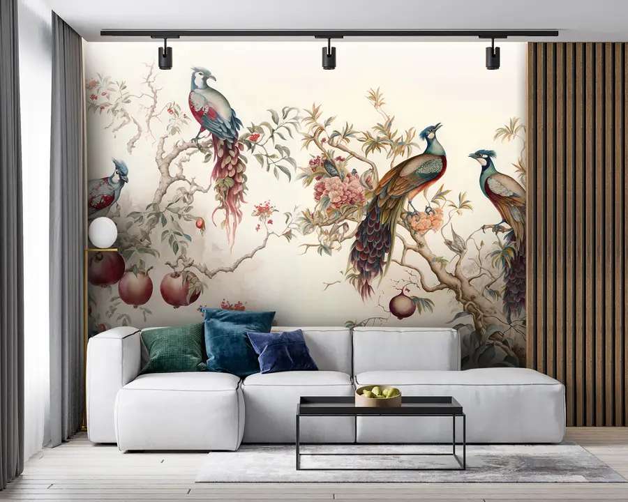 carta da parati Uccelli sui rami di un melograno nr. u95667