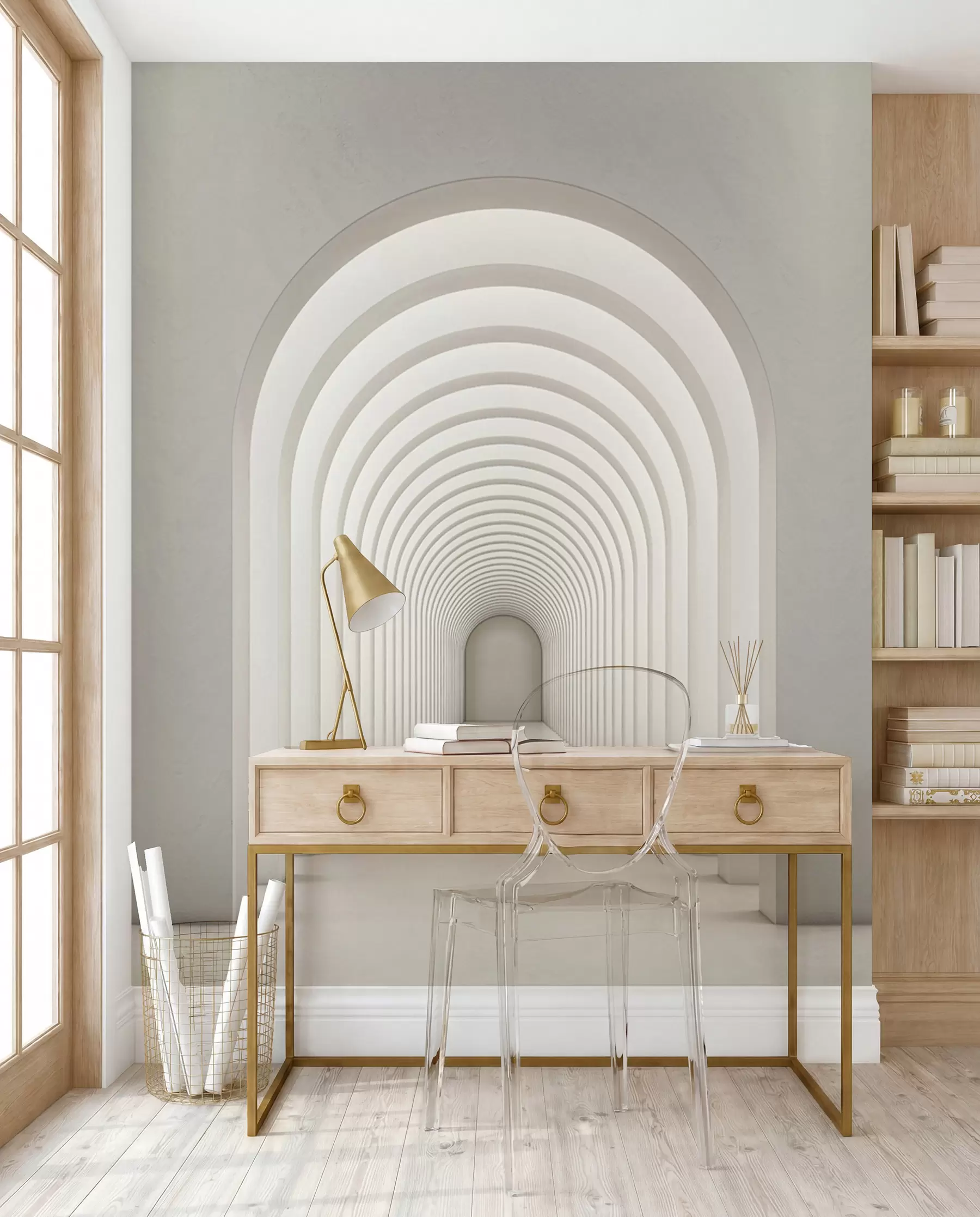 Carta da parati che aumenta lo spazio Arco di cemento bianco allineato in una lunga fila con la luce