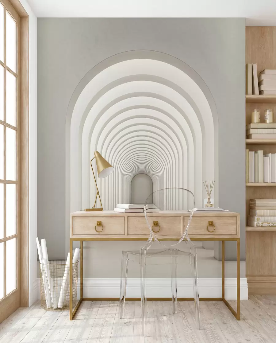 Carta da parati che aumenta lo spazio Arco di cemento bianco allineato in una lunga fila con la luce