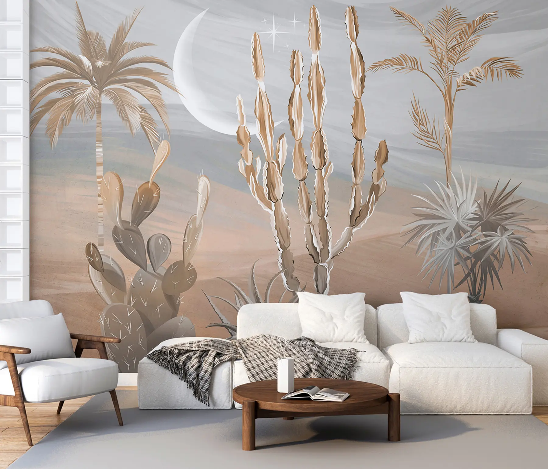 Carta da parati Tropici della Foresta Deserto 3D con cactus e foglie tropicali n. u96444