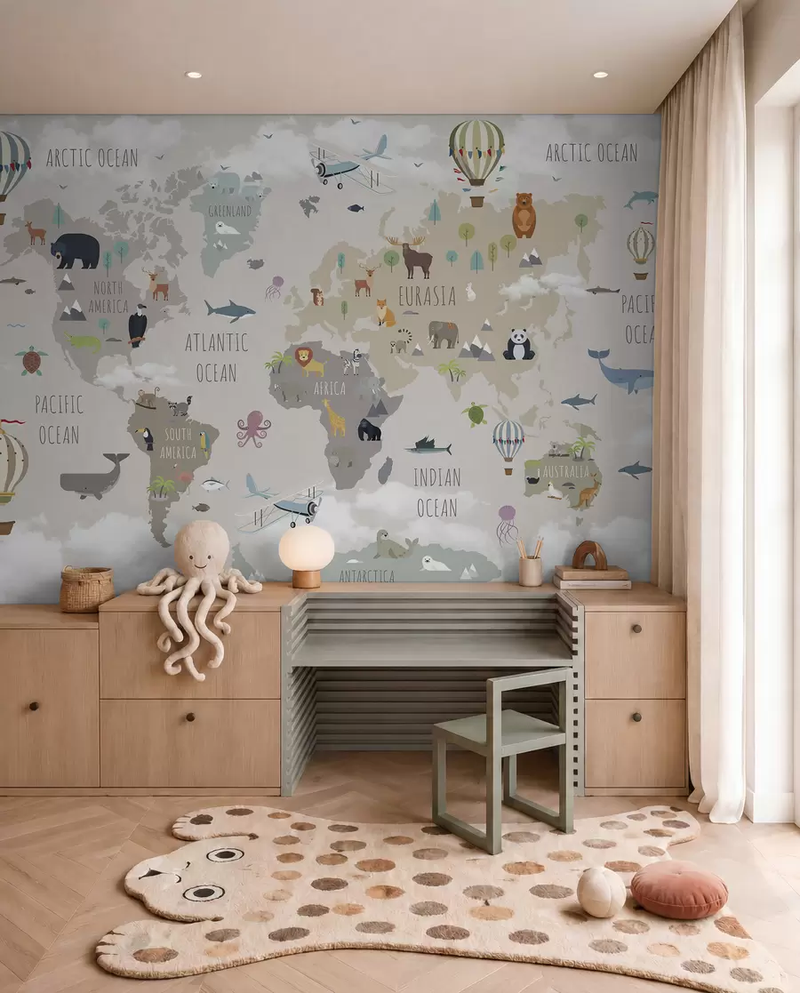 Carta da parati per Bambini Mappa del mondo con animali e palloncini 