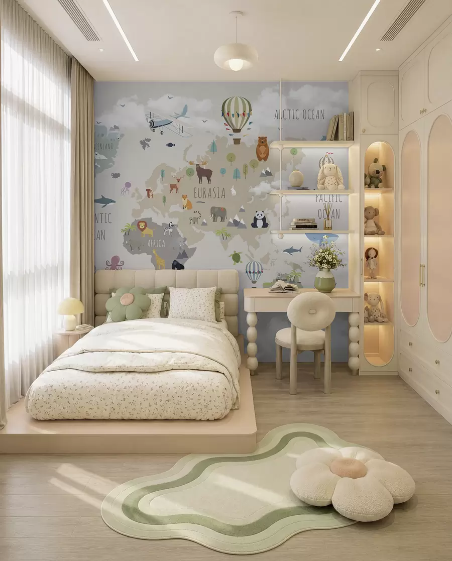 Carta da parati per Bambini Mappa del mondo con animali e palloncini 