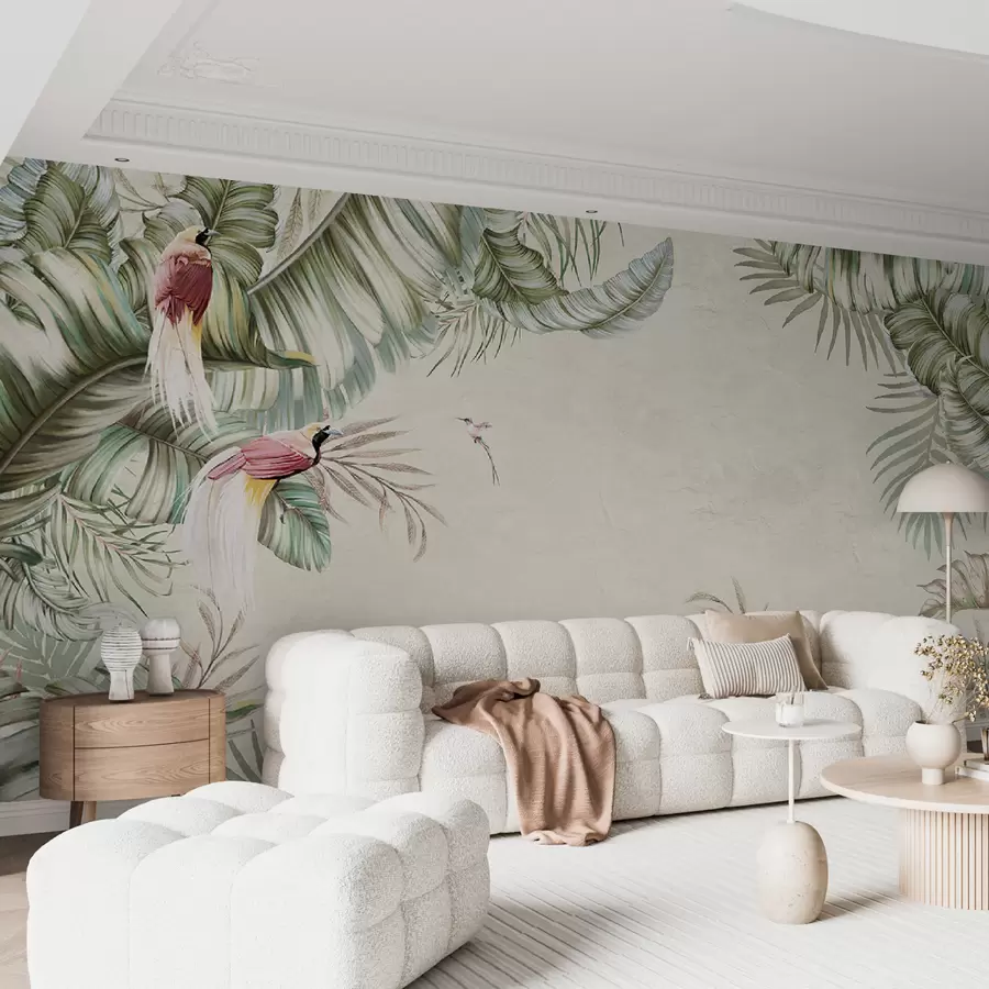 Carta da parati nature Piante tropicali e uccelli su sfondo strutturato 
