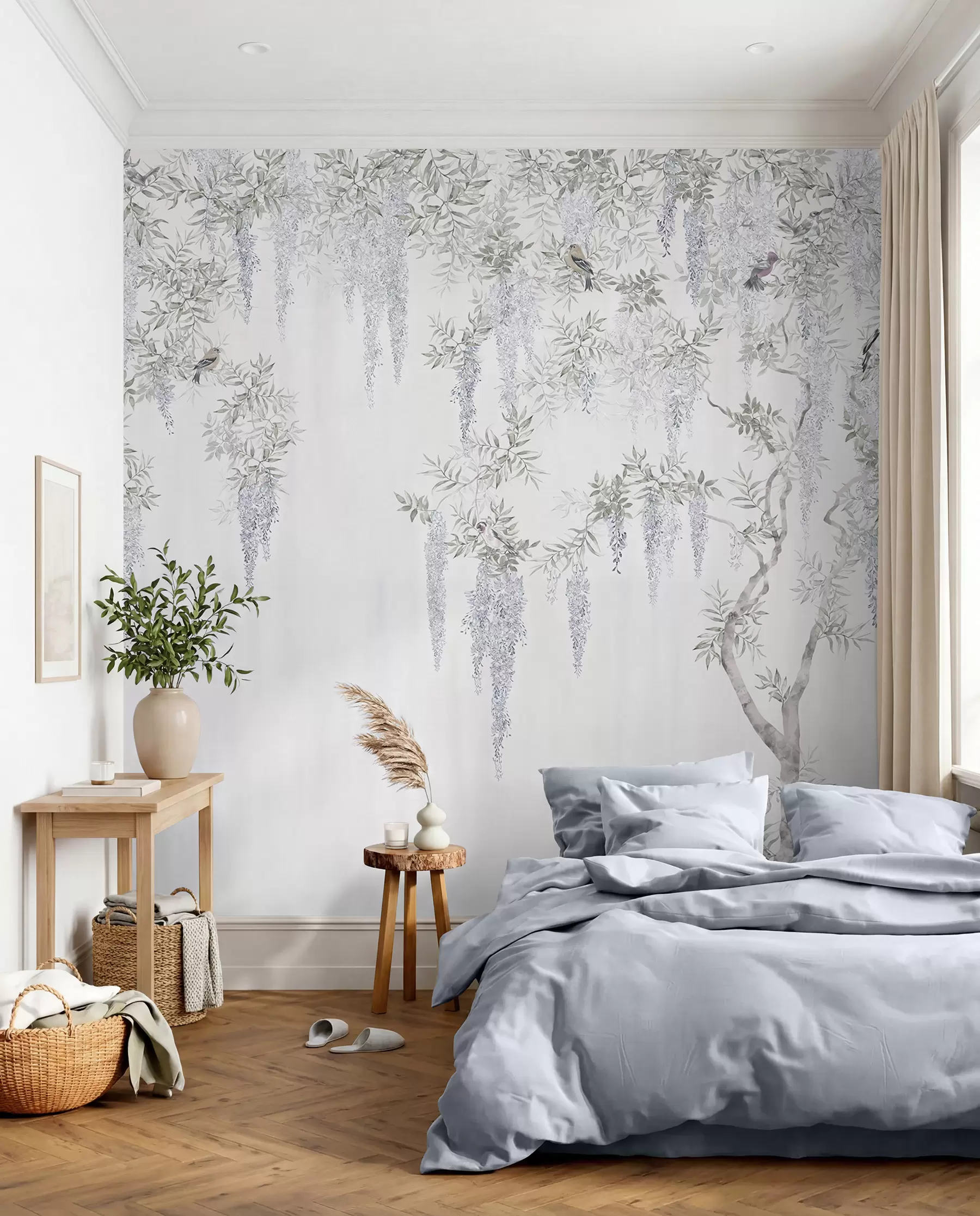 Carta da parati Floreale Fiori di glicine, glicine, minimalismo, monocromia, loft e stile giapponese n. u96928