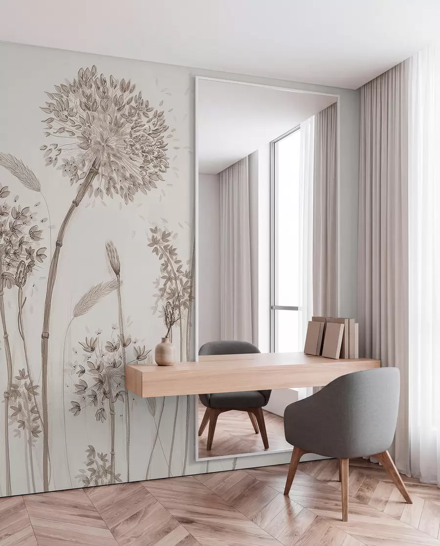 Carta da parati Floreale Grandi fiori di prato di denti di leone minimalismo loft in stile monocromatico n. u96934