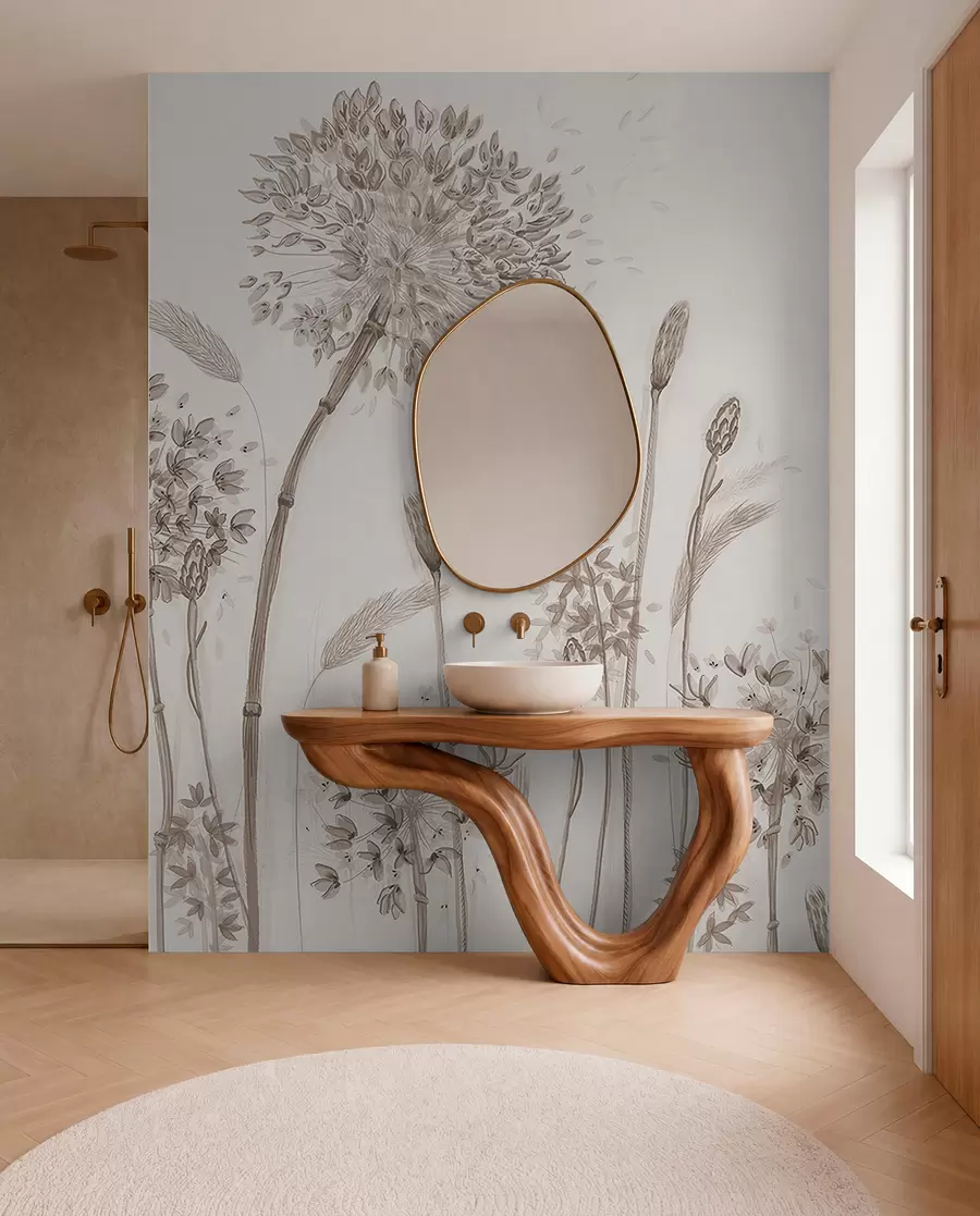 Carta da parati Floreale Grandi fiori di prato di denti di leone minimalismo loft in stile monocromatico n. u96934