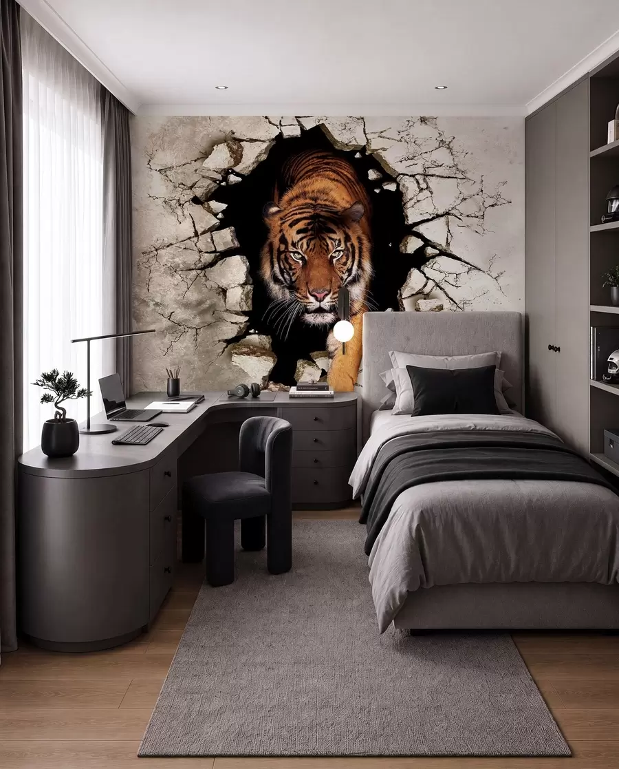 Carta da parati 3D La tigre sfonda il muro 