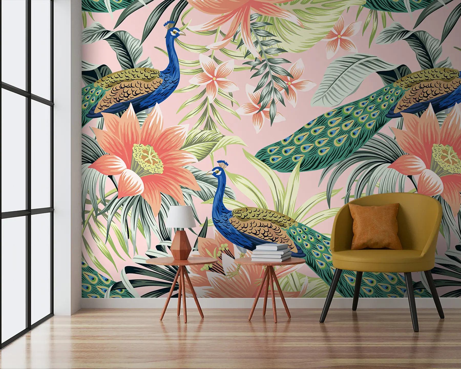 carta da parati Pavone tropicale con fiori di loto e foglie di palma nr. u97122