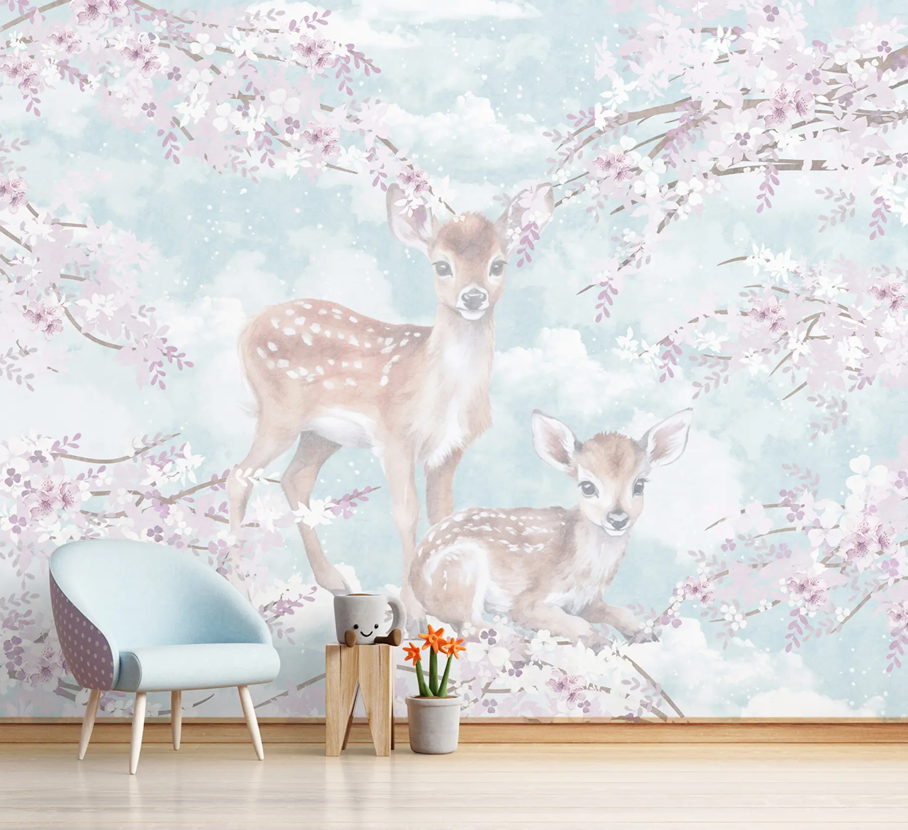 carta da parati Cerbiatti tra gli alberi in fiore nr. u97464