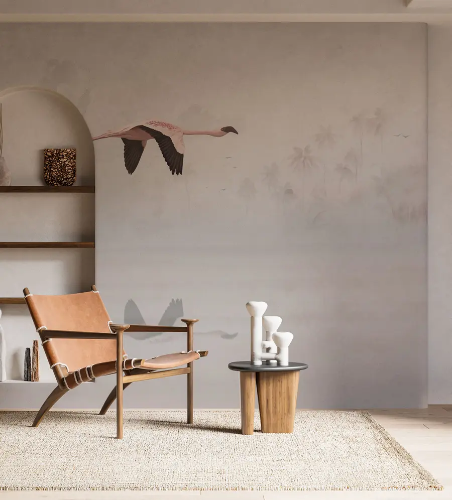 carta da parati Fenicotteri rosa sopra la spiaggia e il mare della giungla tropicale nr. u97457