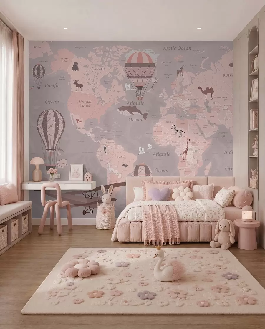 Carta da parati per Bambini Atlante aereo rosa in inglese 