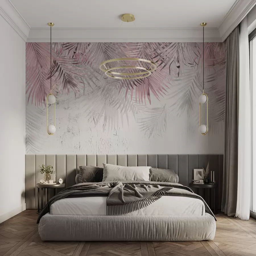 Carta da parati Tropici della Foresta Foglie tropicali rosa in stile grunge n. u93843v2