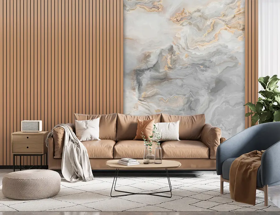 carta da parati Doghe in legno con marmo nr. u97426