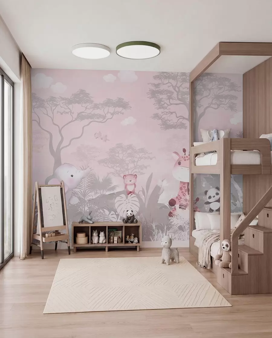 Carta da parati per Bambini Piccolo safari rosa cipria 