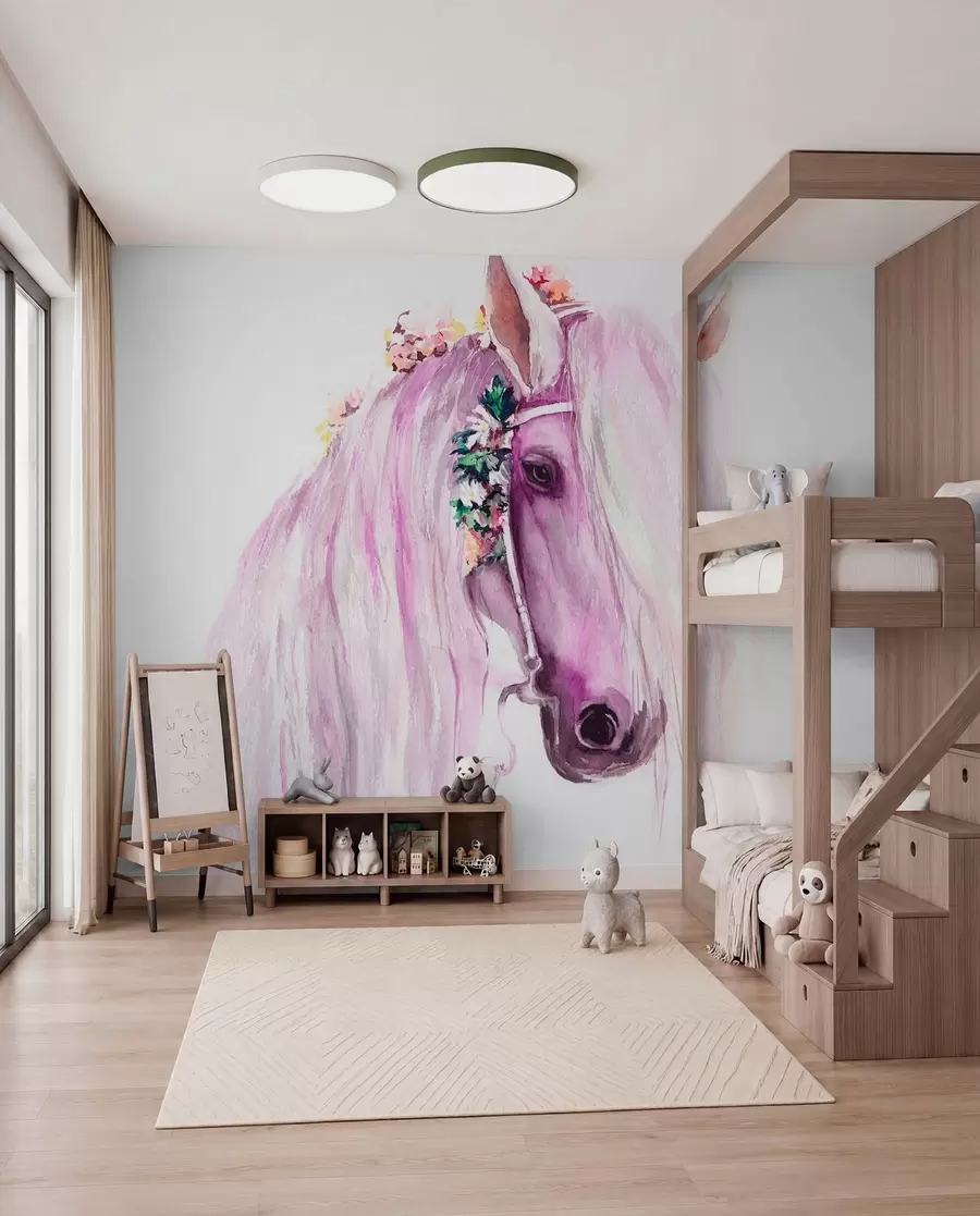 Carta da parati per Bambini Cavallo blu con fiori nella criniera dai colori viola 