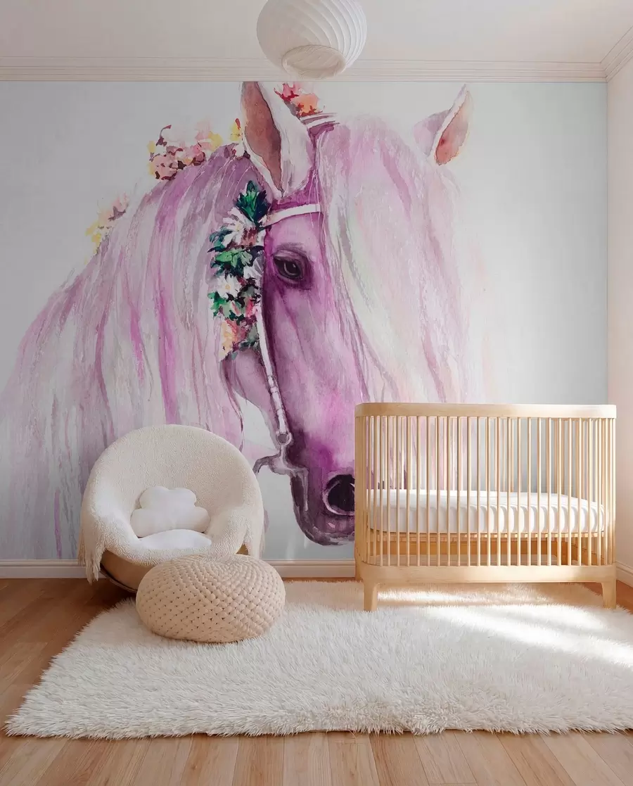 Carta da parati per Bambini Cavallo blu con fiori nella criniera dai colori viola 