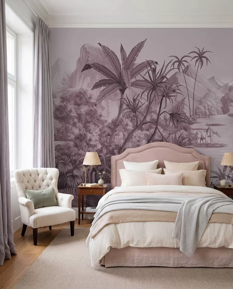 carta da parati Tropici in bianco e nero con colori viola nr. u59040v3
