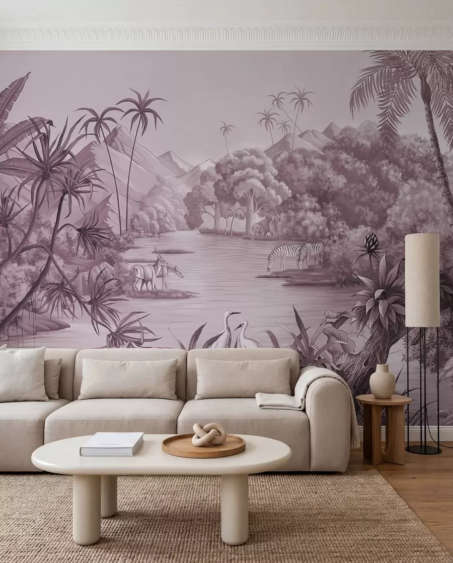 carta da parati Tropici in bianco e nero con colori viola nr. u59040v3